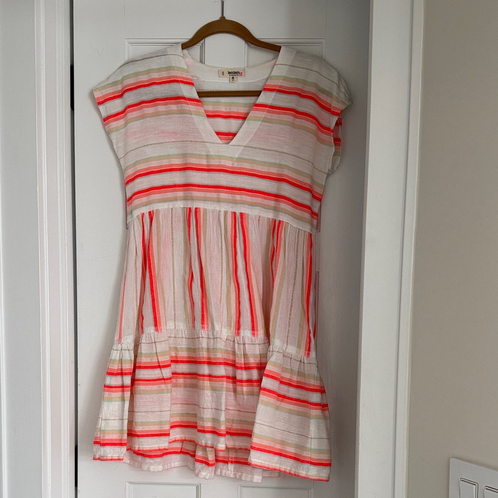 Lemlem V-Neck Mini Dress - Coral and White